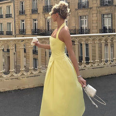 Off-Shoulder High Waisted Halter Dress with Back Zipper and Large Flared Skirt Long Dress