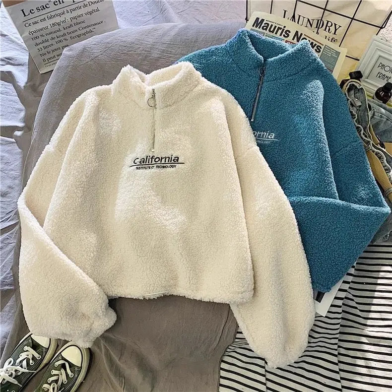 Half Turtleneck Zipper Short Long-Sleeved Outwear for Autumn and Winter Loose Letter Embroidered Cashmere Top with Velvet and Thickeneding Bellaward Fashions