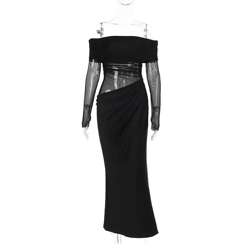 New Black Long skirt One-Shoulder Mesh Cut Out Dress - Bellaward Fashions