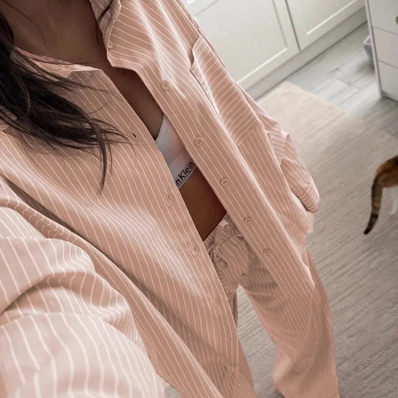 New Casual Loose Striped Shirt and Pants Two-Piece Set Bellaward