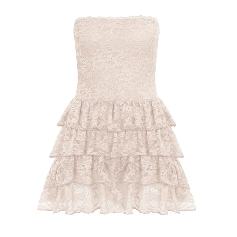 Spicy Girl Two-Piece Dress Set, Leather Corset Strap + Lace Tube Top Tiered Dress Bellaward