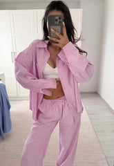 New Casual Loose Striped Shirt and Pants Two-Piece Set Bellaward