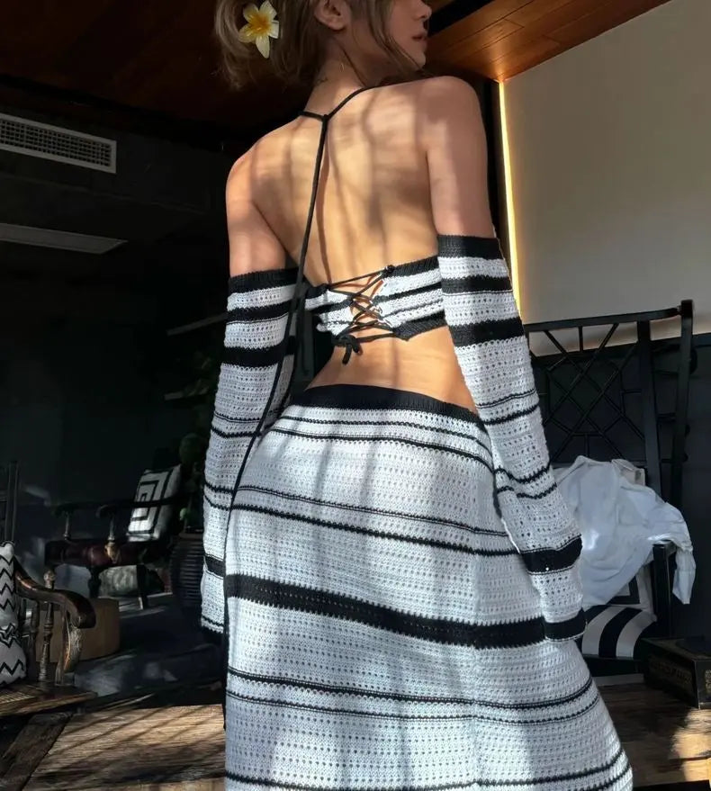 Halter Neck Tube Top/Covering Skirt Stripesd Knitted Sexy Seaside Vacation Two-Piece Set - Bellaward Fashions