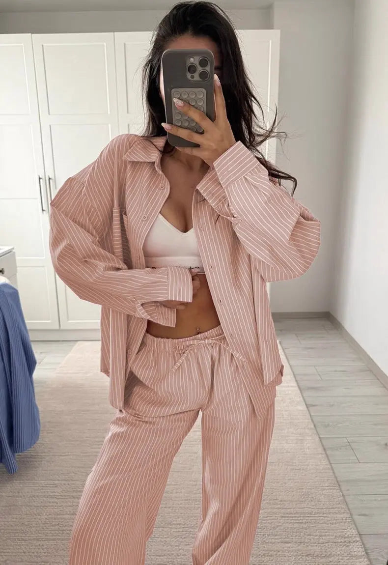 New Casual Loose Striped Shirt and Pants Two-Piece Set Bellaward