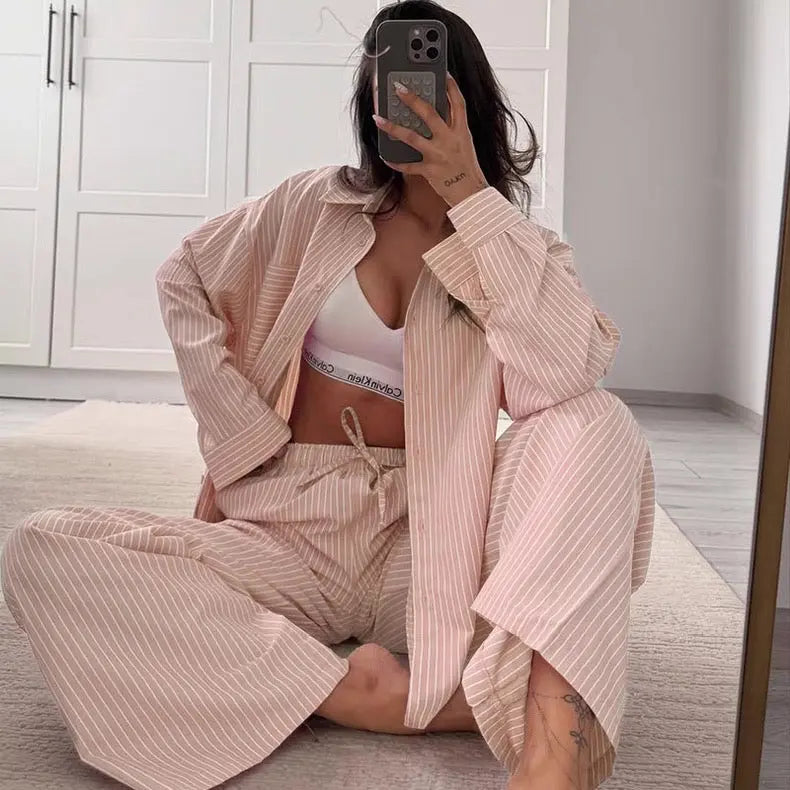 New Casual Loose Striped Shirt and Pants Two-Piece Set Bellaward