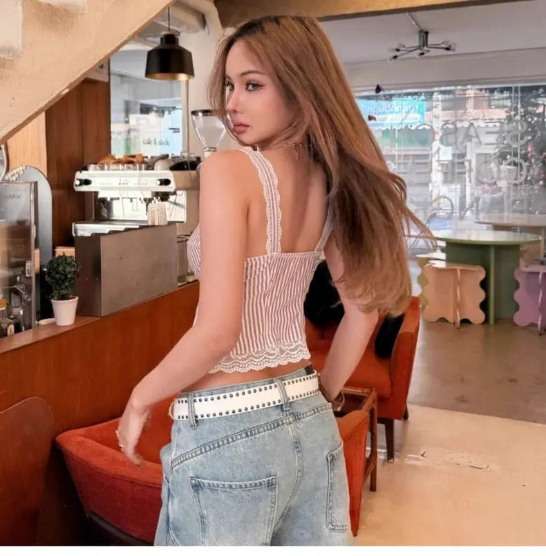 Striped Lace Trim Crop Top Bellaward Fashions