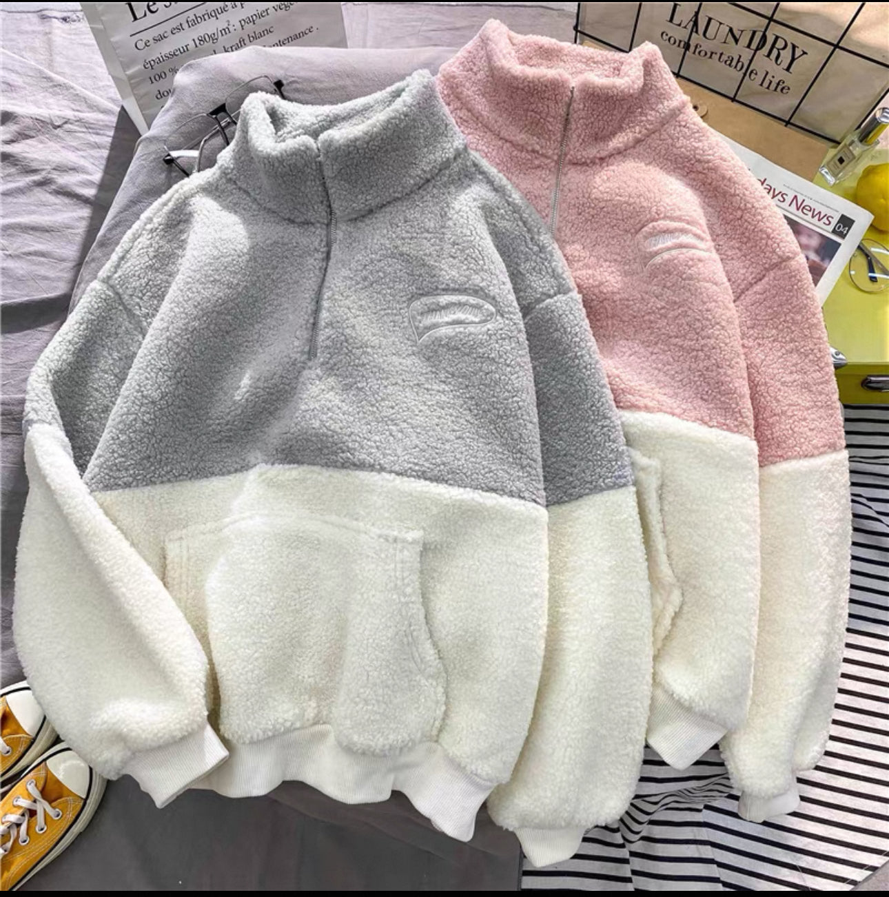 Lamb Velvet Stand Collar Half-Zip Pullover Sweatshirt Fleece-Lined - Bellaward Fashions