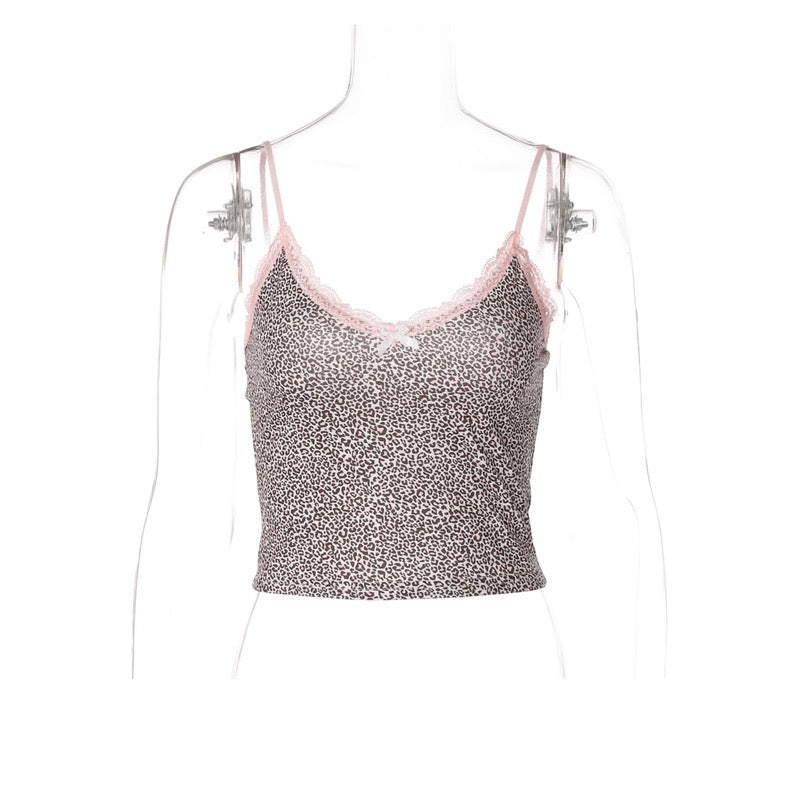 Contrasting Leopard Printed Camisole Lace Splicing V Neck Short Top - Bellaward Fashions