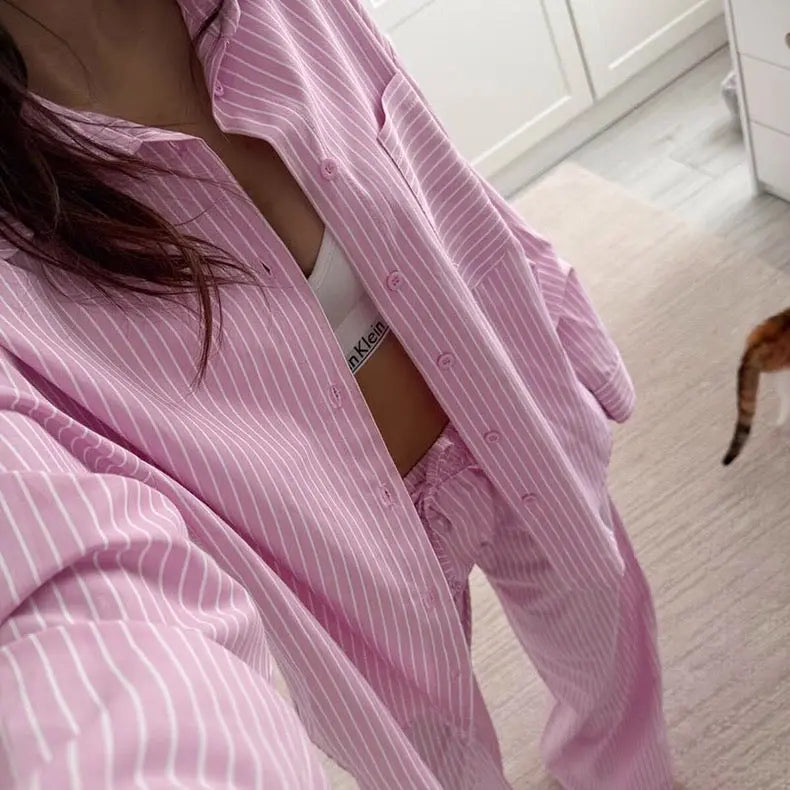 New Casual Loose Striped Shirt and Pants Two-Piece Set Bellaward