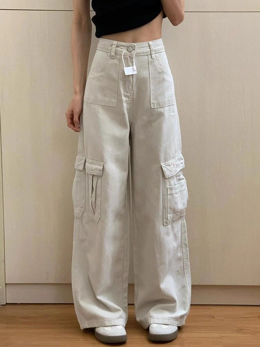 High Street Sand White Wide Leg Denim American Retro Loose Casual Straight-Leg Floor-Mopping Long Pants - Bellaward Fashions