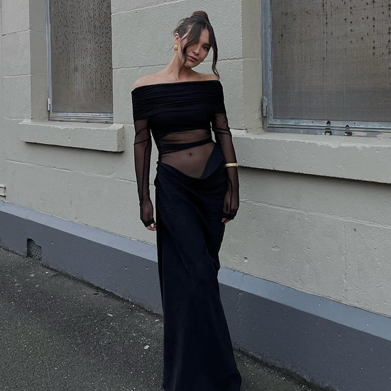 New Black Long skirt One-Shoulder Mesh Cut Out Dress - Bellaward Fashions
