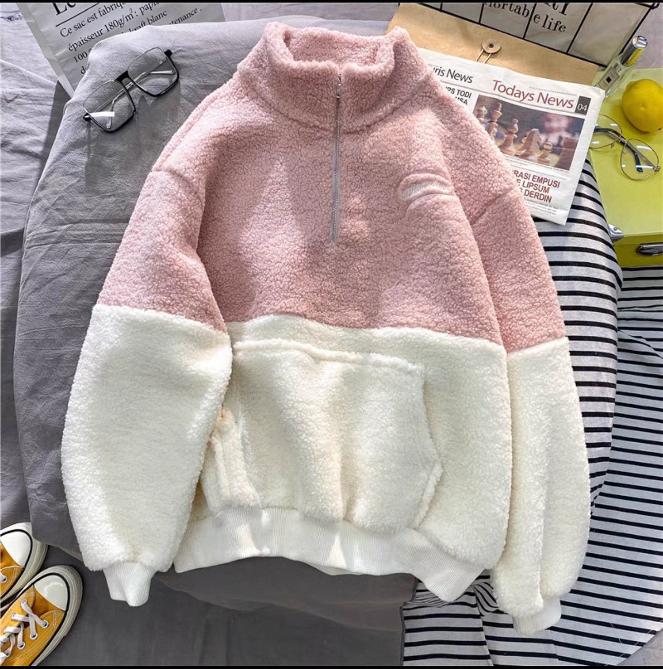 Lamb Velvet Stand Collar Half-Zip Pullover Sweatshirt Fleece-Lined - Bellaward Fashions