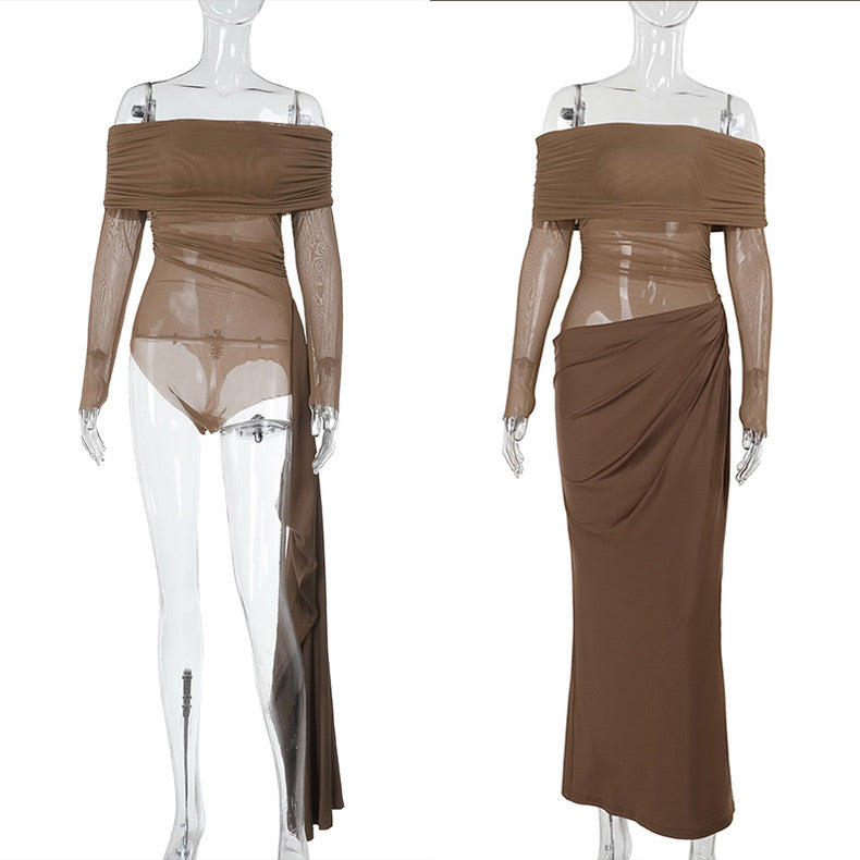 New Black Long skirt One-Shoulder Mesh Cut Out Dress - Bellaward Fashions