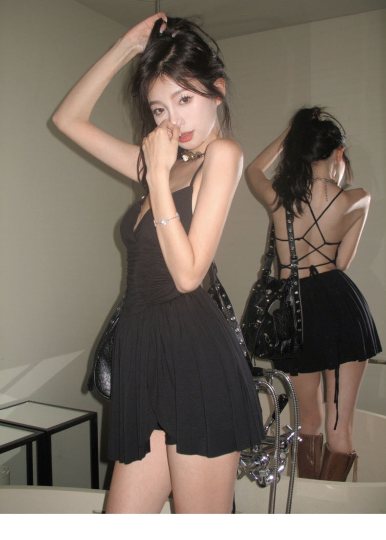 Pure Desire Ballet Style Black Backless Pleated Suspender Dress - Bellaward Fashions