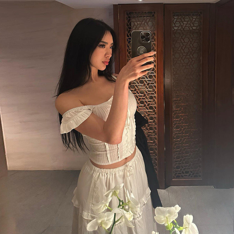 One-Line Collar Waist Top/Lace Puffy Long Skirt - Bellaward Fashions