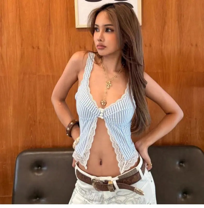 Striped Lace Trim Crop Top Bellaward Fashions