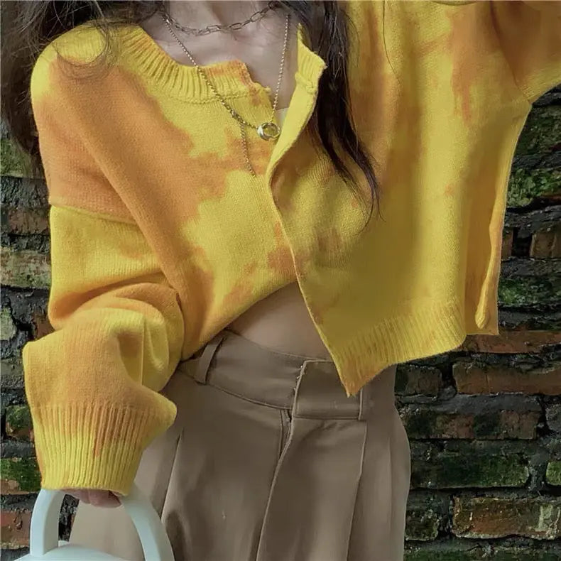Tie-Dye Knitted Yellow Jacket Bellaward
