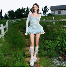 Pure Lust Girly Suspender Dress with Long-Sleeved Blouse Slimming Look - Bellaward Fashions