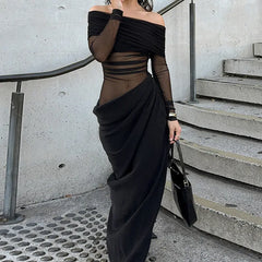 New Black Long skirt One-Shoulder Mesh Cut Out Dress - Bellaward Fashions
