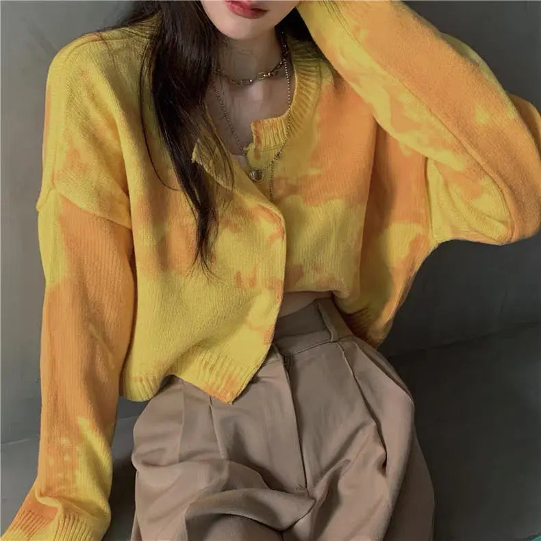 Tie-Dye Knitted Yellow Jacket Bellaward