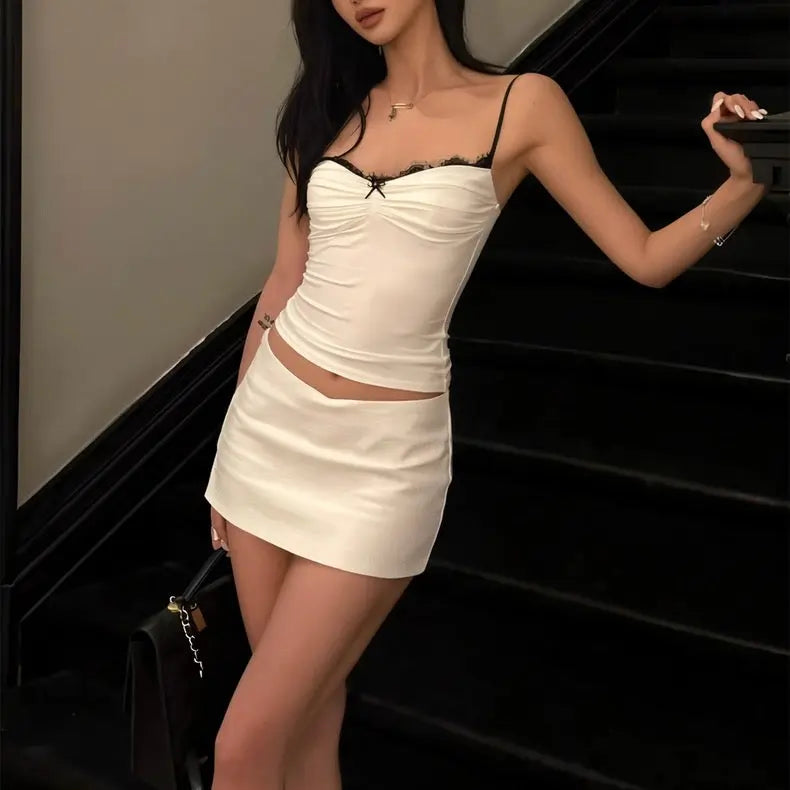 White Lace Trim Two-Piece Matching Set for Women Bellaward